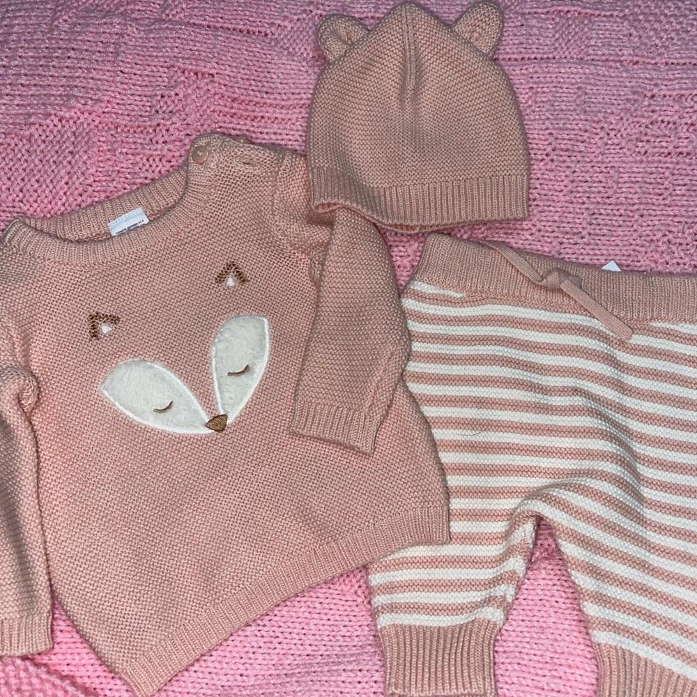 Pink fox sweater with pants and hat.